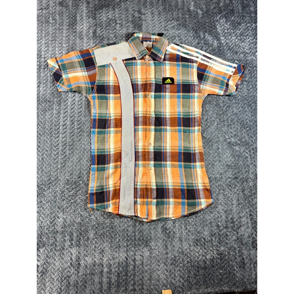 Adidas Shirt Boys S Multicolor Plaid Nylon Short Sleeve Three Stripe Button Up
